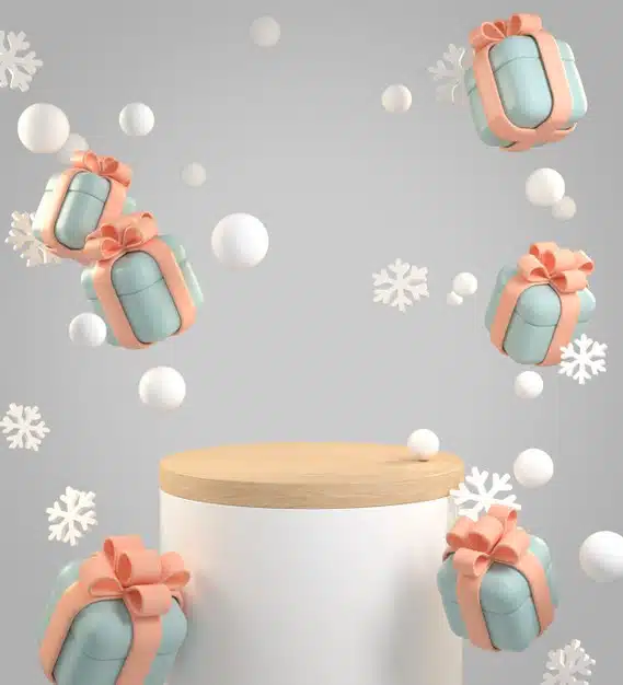 Mockup stage festive gift box with snow and snowflake falling abstract background 3d render Premium Photo