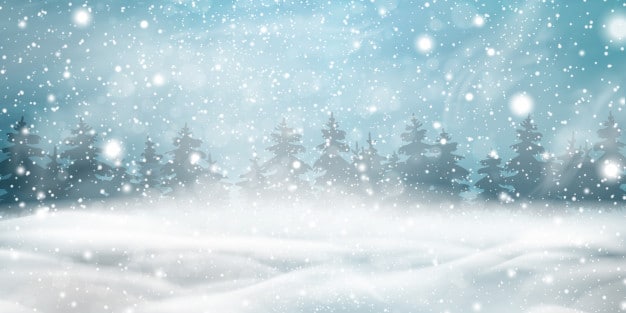 Natural winter christmas background with blue sky, heavy snowfall, snowflakes, snowy coniferous forest, snowdrifts. winter landscape with falling christmas shining beautiful snow. Premium Vector