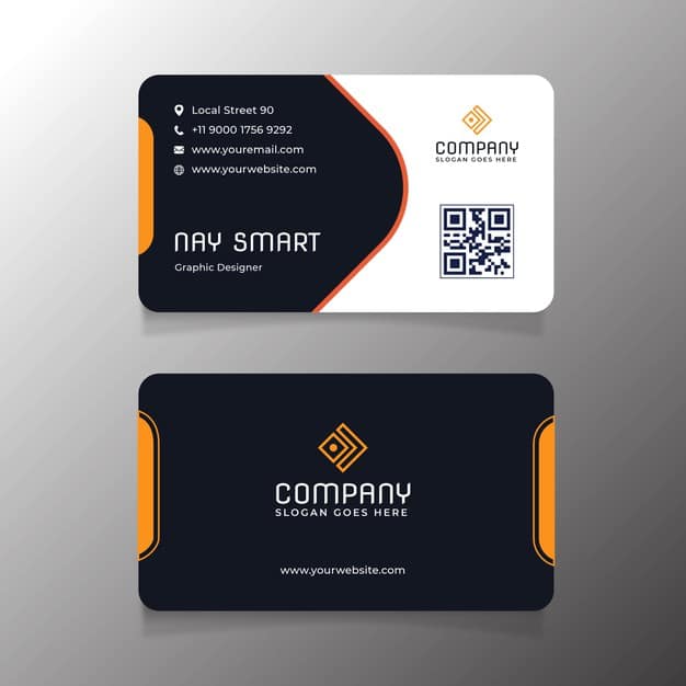 Orange business card template with qr code Premium Vector