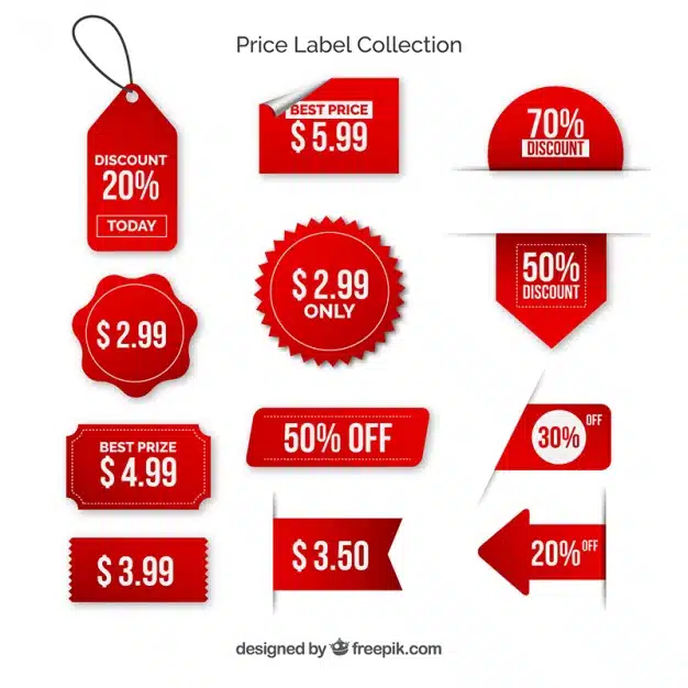 Pack of red price labels with with letters Premium Vector