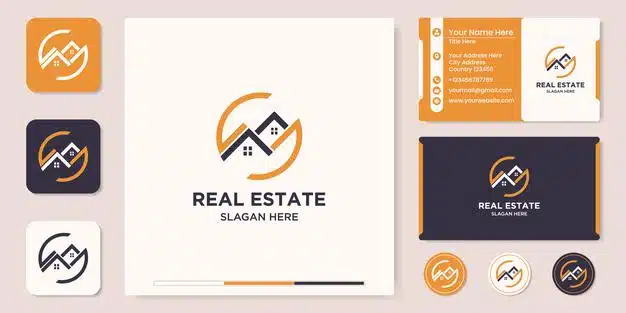 Real estate logo design and business card Premium Vector