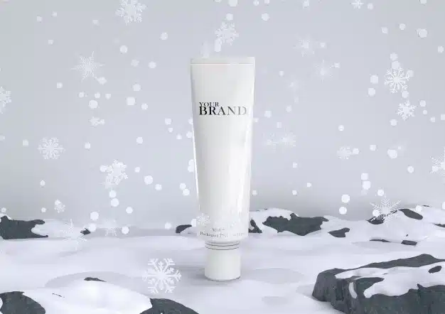 Skin care moisturizing cosmetic premium products in snow for christmas and winter. Premium Psd