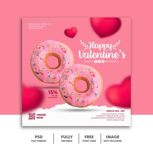 Social media post banner valentine template for food menu Premium Psd
