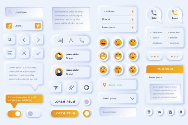 User interface elements for social network mobile app. Online people communication, chatting and messaging gui templates. Unique neumorphic ui ux design kit. Navigation and texting form and components