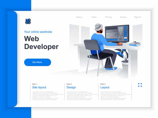 Web development isometric landing page. Web designer working with computer in office situation. UI, UX responsive interface design, website prototyping and programming perspective flat design.