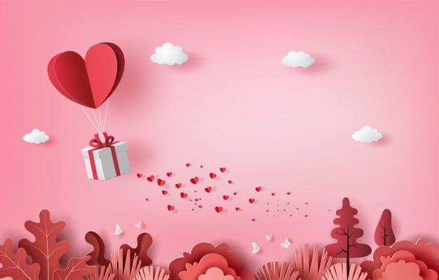 Gift box with heart balloon floating it the sky, happy valentine's day banners, paper art style. Premium Vector