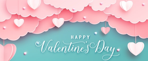 Happy valentines day greeting banner in papercut realistic style. paper hearts, clouds and pearls on string. calligraphy text Vector