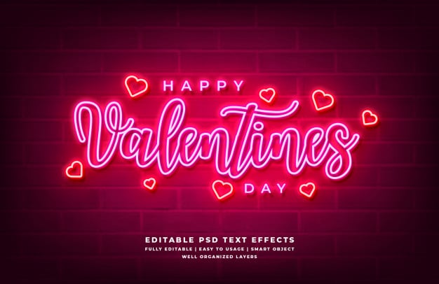 Happy valentines day neon light 3d text style effect Premium Psd
