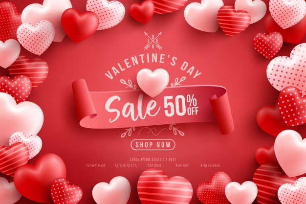 Valentine's day sale 50% off poster or banner with many sweet hearts and on red .promotion and shopping template or for love and valentine's day Premium Vector