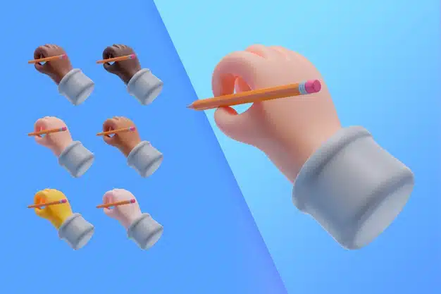 3d collection with hands holding a pencil Premium Psd