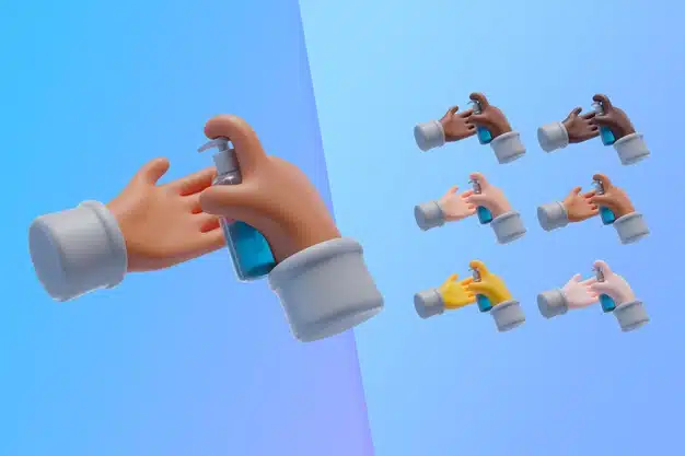 3d collection with hands using hand sanitizer Free Psd