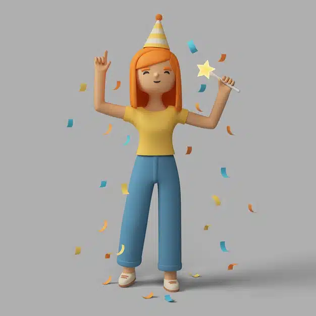 3d female character celebrating with party hat and confetti Free Psd