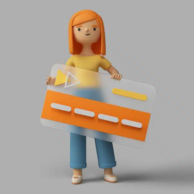 3d female character holding placard with video play button Premium Psd