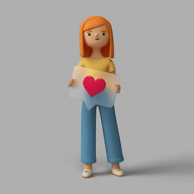3d female character holding social media heart button Free Psd