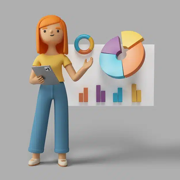 3d female character holding tablet and pointing to pie chart Free Psd