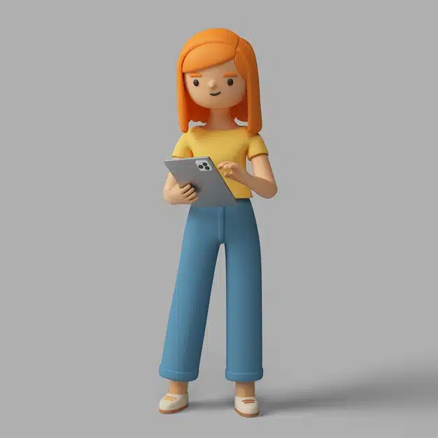 3d female character holding tablet device Free Psd