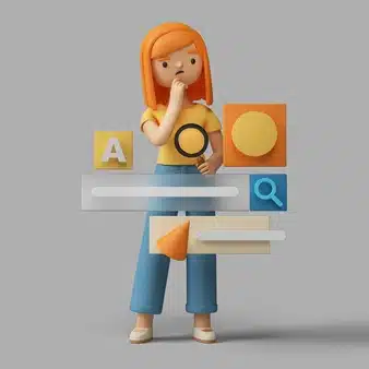 3d female character looking online with the help of a search bar Free Psd