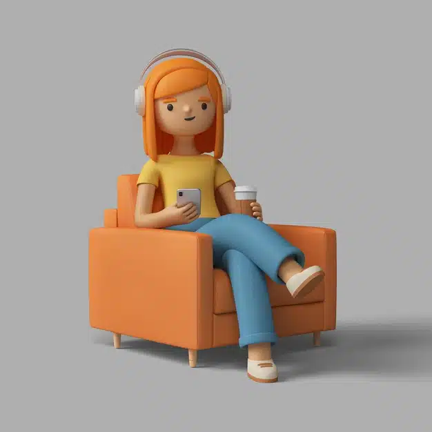 3d female character sitting in chair with headphones and cup of coffee Free Psd