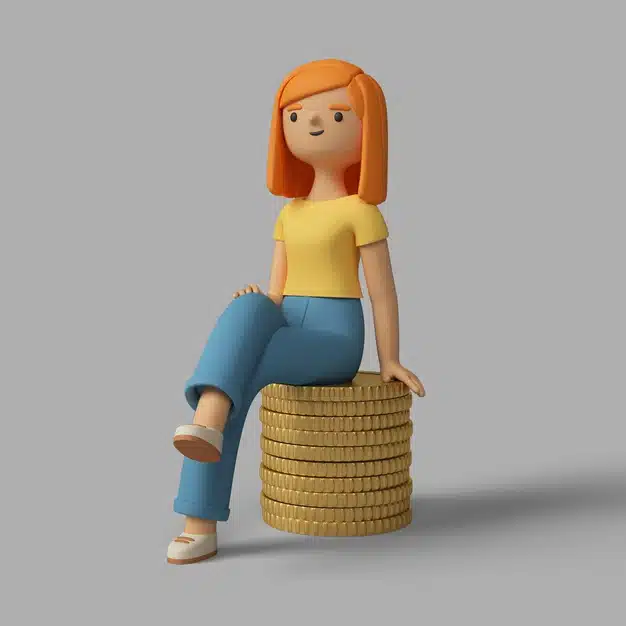 3d female character sitting on a stack of coins Premium Psd