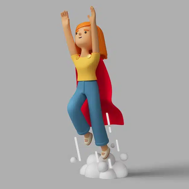 3d female character with superhero cape launching into flight Free Psd
