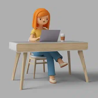 3d female character working at desk with laptop Free Psd