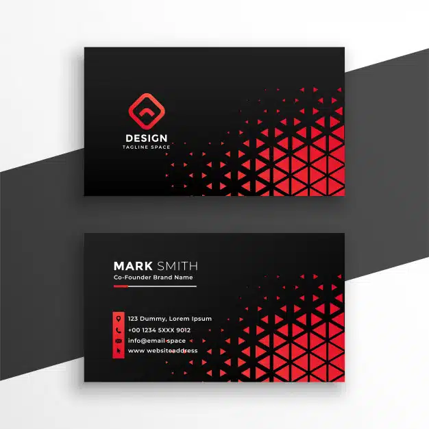 Black business card with red triangle shapes Free Vector