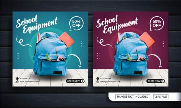 Blue and red flyer or social media banner for school equipment shop Premium Vector