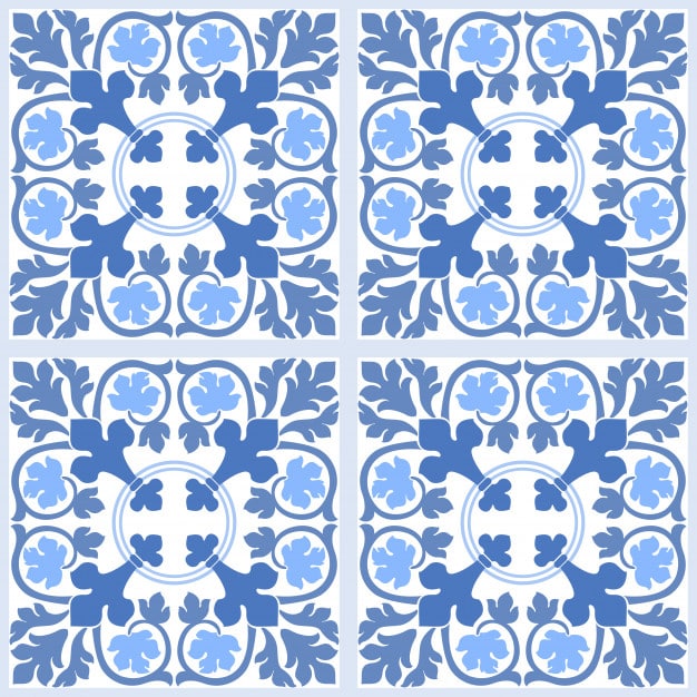 Blue and white damask floral seamless pattern background. Premium Vector