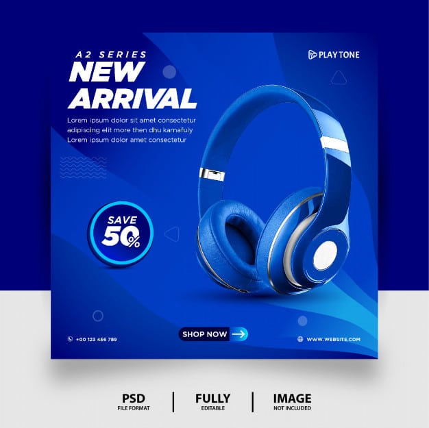 Blue color headphone brand product social media instagram banner Premium Psd