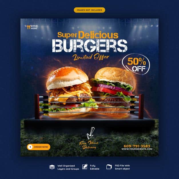 Delicious burger and food menu social media banner template Premium Psd