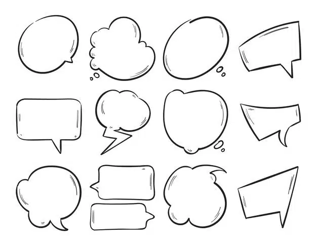 Doodle blank speech bubbles, hand drawn cartoon thinking shapes set. Free Vector