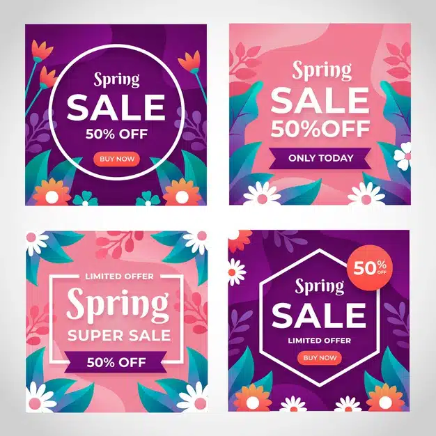 Flat design spring sale social media posts Free Vector