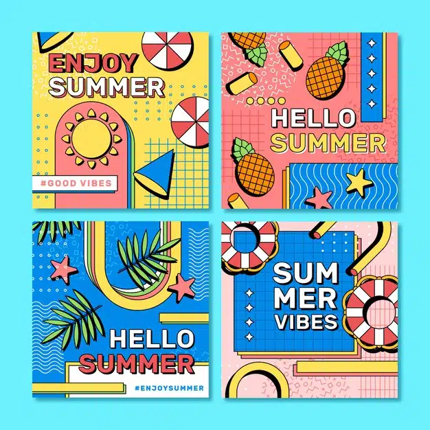 Flat summer instagram posts collection Premium Vector