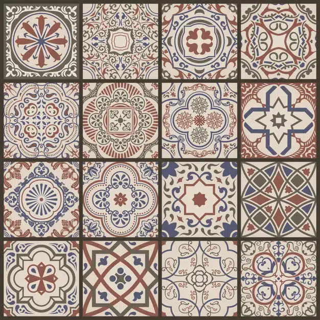Floral seamless mosaic tile. Vector ceramic vintage pattern. Mediterranean Ottoman, Lisbon Spanish, Portuguese, Italian, Scandinavian, Arabic, Indian and Moroccan motifs. Color brown ornament.
