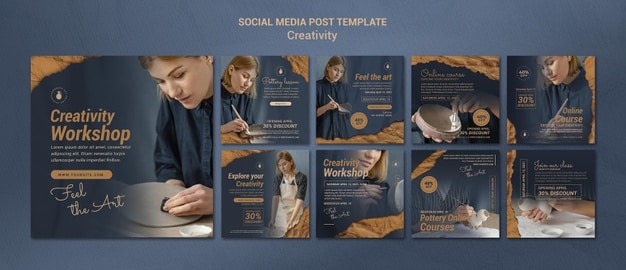Instagram posts collection for creative pottery workshop with woman Premium Psd