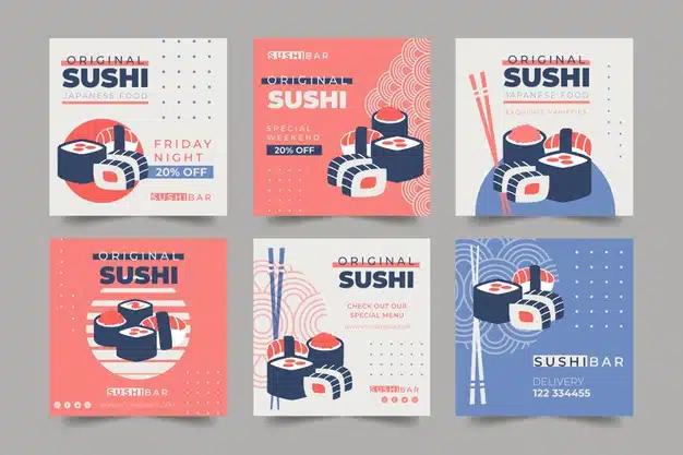 Instagram posts collection for sushi restaurant Premium Vector