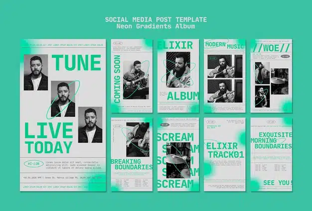 Instagram stories collection for male musician with neon gradients Free Psd