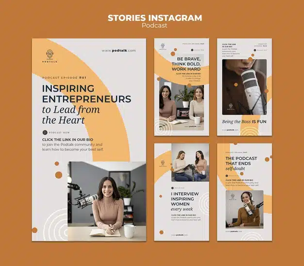 Instagram stories collection with female podcaster and microphone Premium Psd