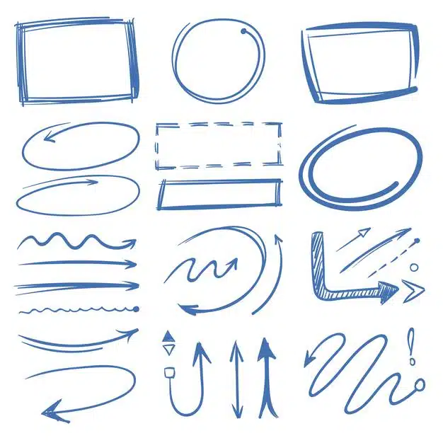 Marker circles, pointing arrows, frames doodle collection. Free Vector