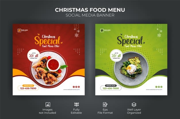 Merry christmas food menu social media banner template Premium Vector