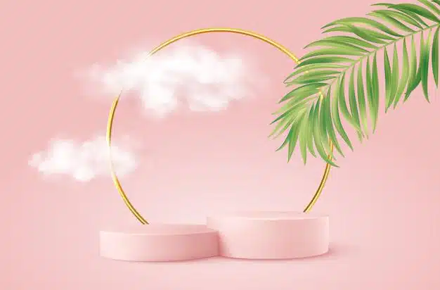 Realistic pink product podium with golden round arch, palm leaf and clouds Free Vector