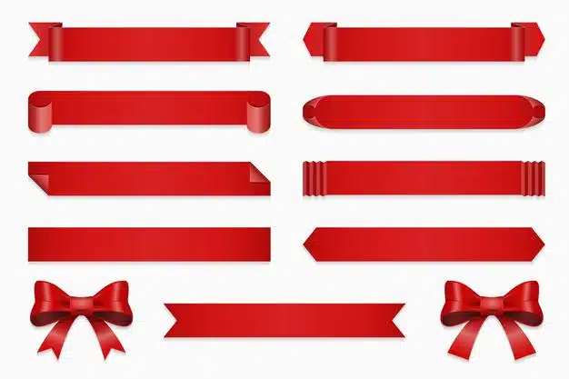 Set of ribbons for anniversary. banner and bow, straight red tape isolated on white background illustration Free Vector