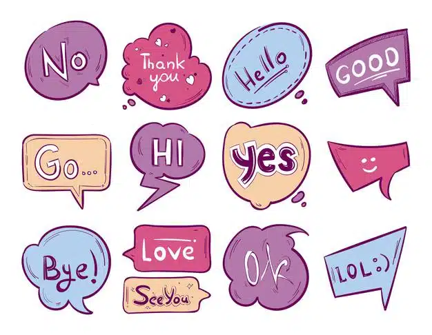 Sketch doodle speech bubble with communication phrases. Free Vector