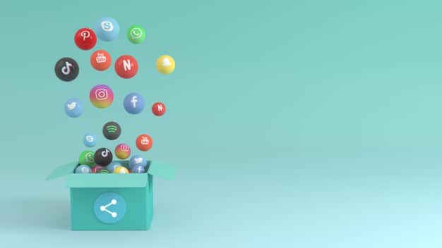 Social media 3d design with box popping up various icons Premium Photo