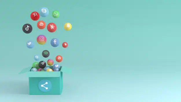Social media 3d design with box popping up various icons Premium Photo