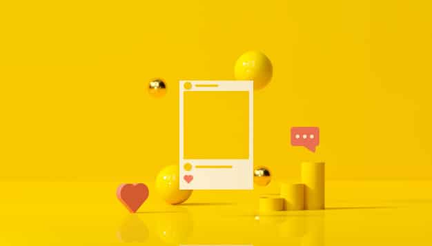 Social media with instagram photo frame and geometric shapes on yellow background illustration. Premium Photo