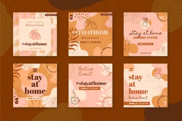 Stay at home event instagram post collection Premium Vector