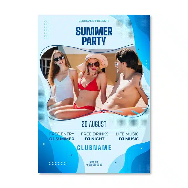 Summer party vertical poster template in paper style with photo Free Vector
