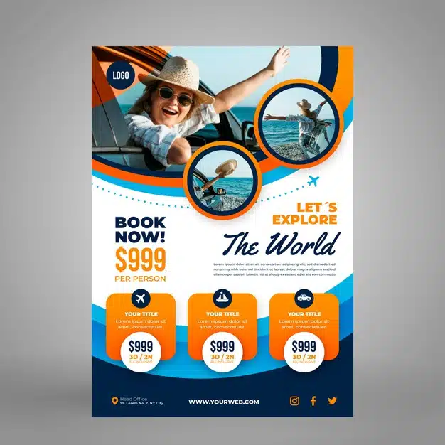 Vertical travel flyer template with photo Free Vector