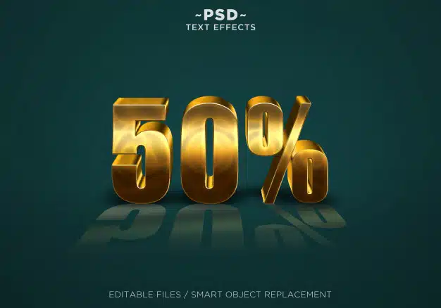 3d gold discount 50% effects editable text Premium Psd